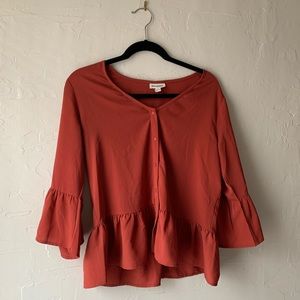 Frank and Oak V-Neck Bell Sleeve Blouse in Red